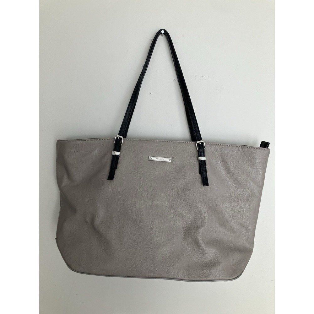 Nine West Faux Leather Tote Bag Light Gray Black Straps Large Work Shopper
